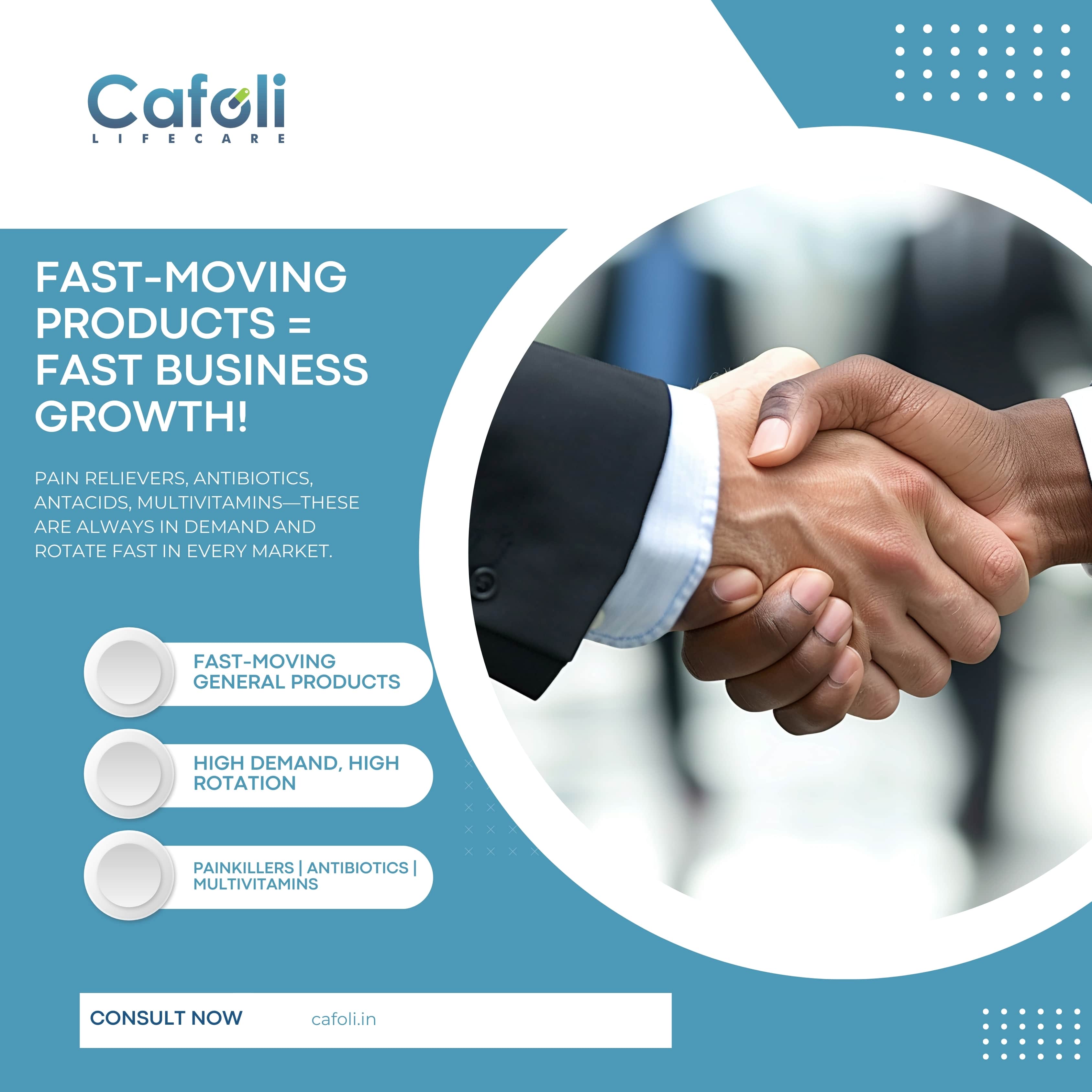 Two professionals shaking hands over a desk with a company logo, representing a successful PCD Pharma franchise partnership.