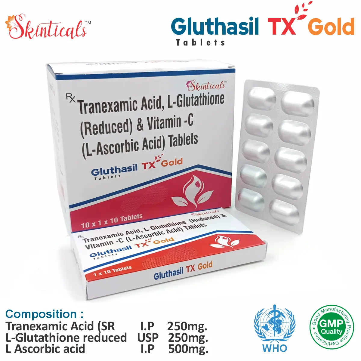 tranexamic acid and glutathione tablets uses for skin Gluthasil Tx Gold Tablet(L-Glutathione (Reduced) IP 250mg + Tranexamic Acid  (SR) IP 150mg + L-Ascorbic Acid IP 500mg Tablet)