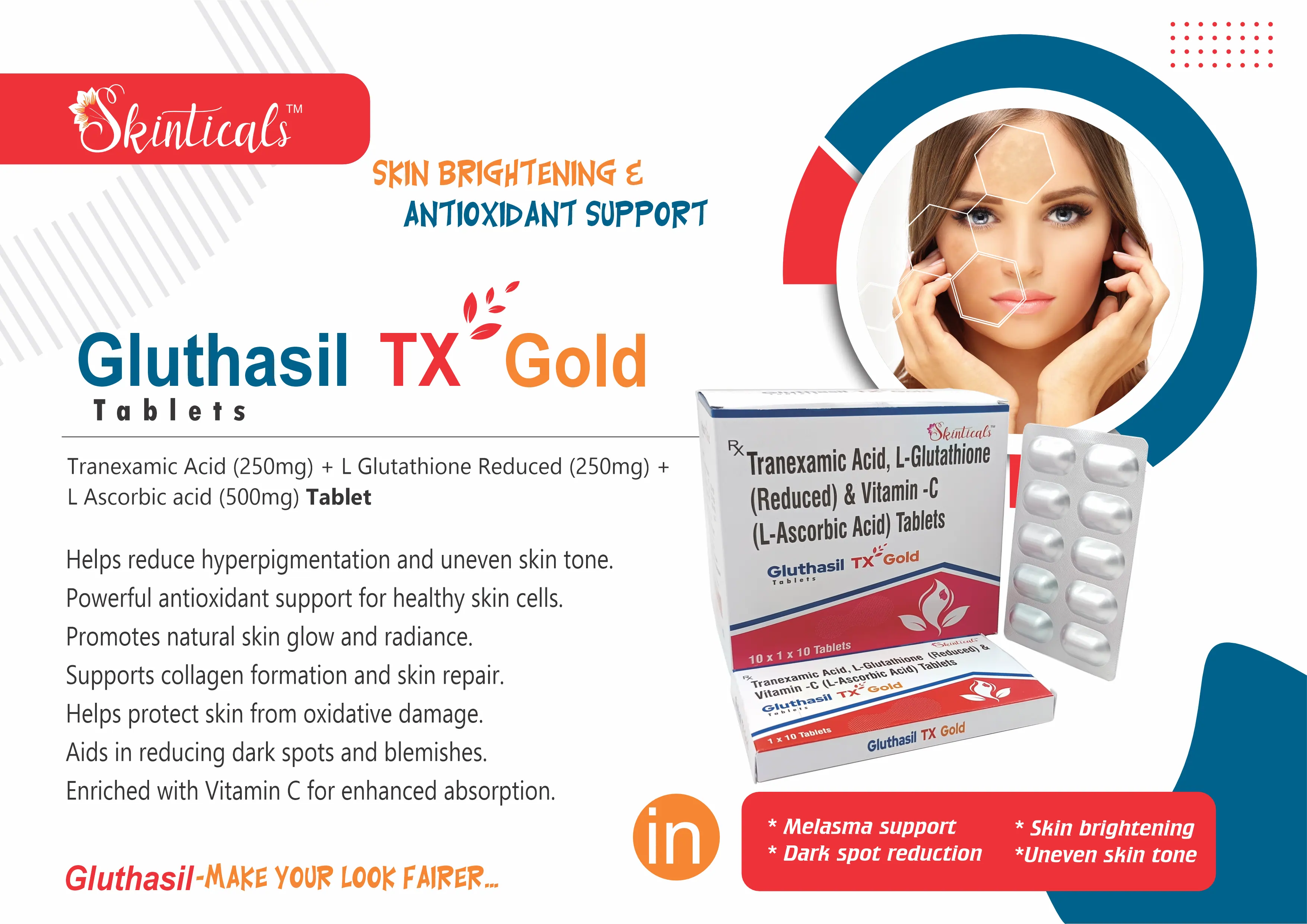 kenpur pharma glutathione Gluthasil Tx Gold Tablet(L-Glutathione (Reduced) IP 250mg + Tranexamic Acid  (SR) IP 150mg + L-Ascorbic Acid IP 500mg Tablet)
